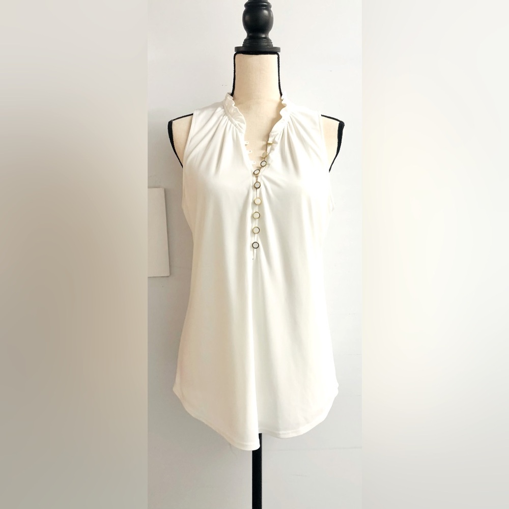 Like New WHBM Sleeveless Ruffled & Gold Half-button-down V-neckf